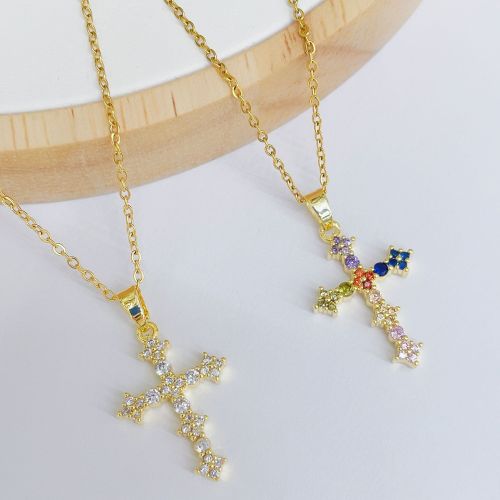 European and American Fashion Normcore Style Refined Zircon Gold-Plated Collarbone Necklace Vintage Cross Necklace Pendant Parts All-Matching Women