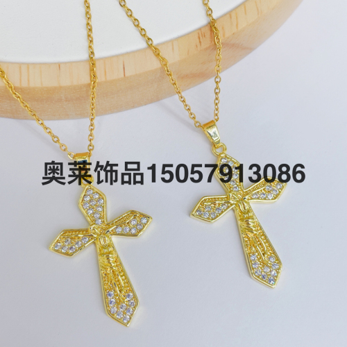 religious belief virgin mary jesus cross necklace pendant electroplated real gold copper zircon accessories jewelry female