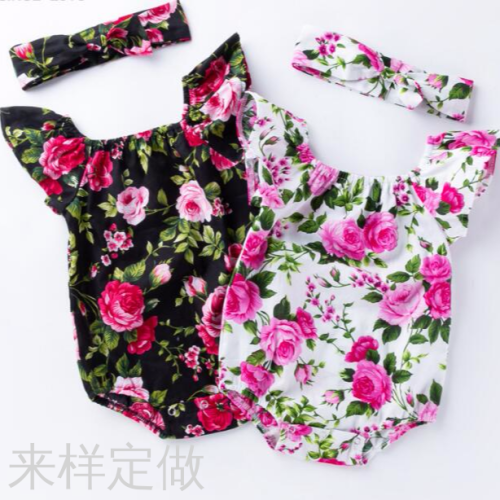 European and American Children‘s Clothing Baby Girl Rose Woven Cotton Sleeveless Romper Baby Floral Small Flying Sleeve Romper Headwear Set