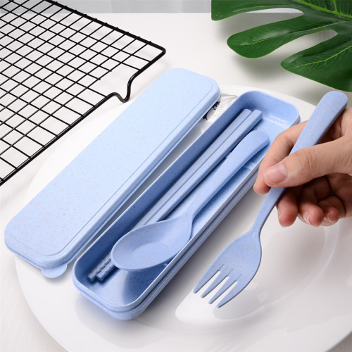 travel outdoor portable plastic tableware spoon chopsticks set wheat straw student chopsticks fork knife three-piece set