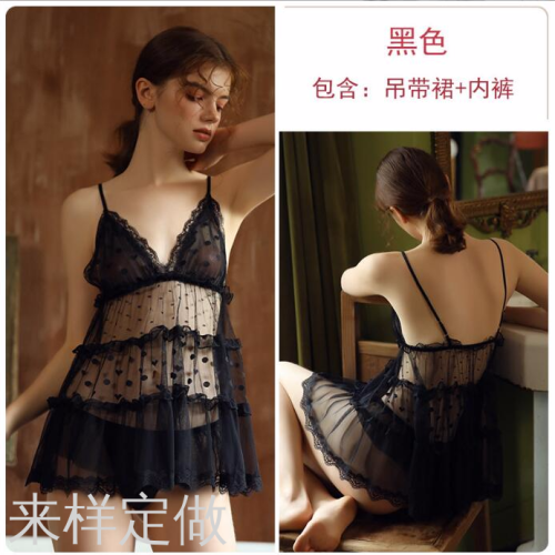 european and american sexy lingerie sexy deep v polka dot mesh strap nightdress homewear suit