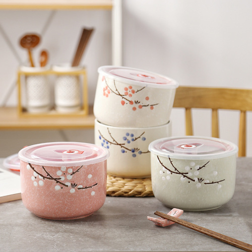 6-Inch Japanese Style Hand Drawn Japanese Style Glaze and Colours Ceramic Large Capacity Crisper Portable Bowl Instant Noodle Bowl Lunch Box Tape Lid