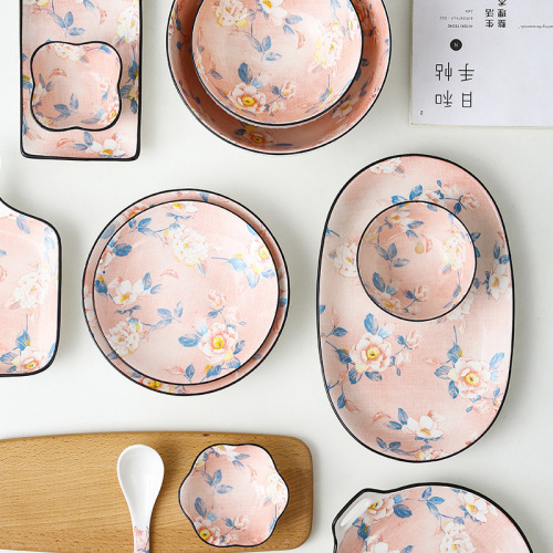 creative chinese camellia underglaze ceramic combination tableware household food steamed fish plate flavor dish noodle soup rice bowl