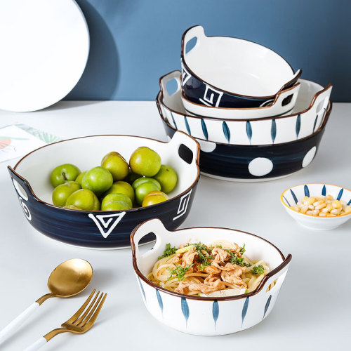 large japanese creative binaural fruit salad bowl household tableware ceramic soup bowl noodle bowl boiled fish large soup plate