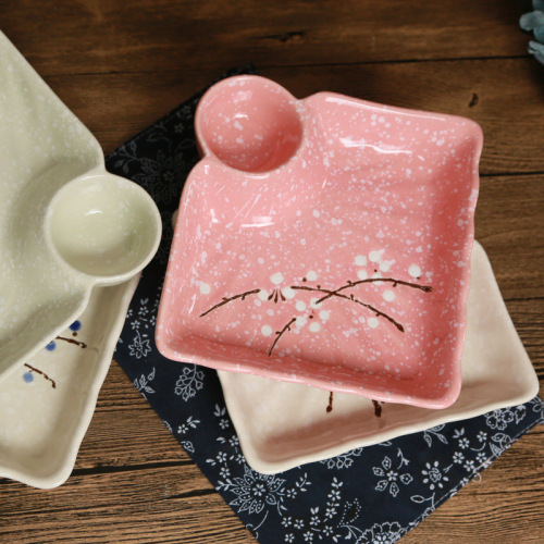 japanese plum blossom hand-painted creative household underglaze ceramic tableware sauce dumpling grid plate restaurant dessert plate