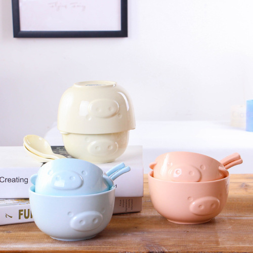 Hey Pig Series Color Crystal Stone ceramic Tableware Cute Couple Rice Noodle Soup Bowl with Spoon Gift Box Set