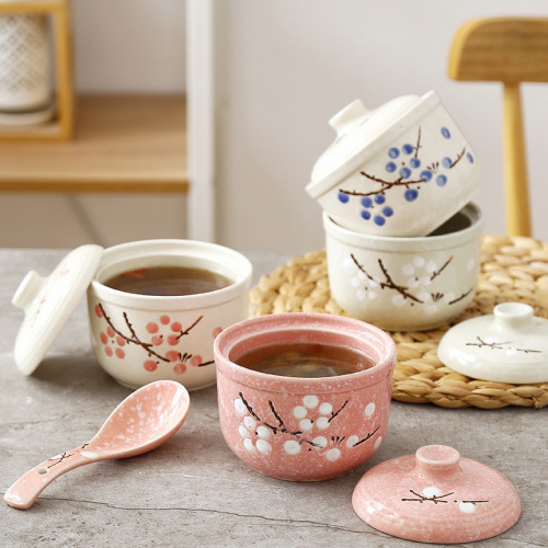 Japanese-Style Hand-Painted Underglaze Ceramic Tableware 300ml Single Food Small Bird‘s Nest Stew Soup Water-Proof Stew Cup