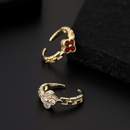Cute Fashion Micro-Inlaid Real Gold Color Red Zircon Four-Leaf Clover Ring Clover Open Ring Ins Couple Rings