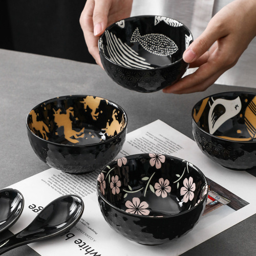 4.5 inch japanese-style embossed printing underglaze ceramic tableware household creative eating bowl small soup bowl rice bowl