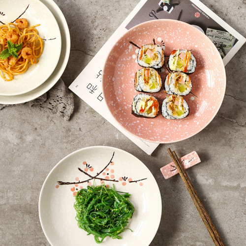 Creative 8-Inch Japanese Plum Blossom Hand Painted Underglaze round Ceramic Tableware Home Snacks Soup Dish Plate Rice Plate
