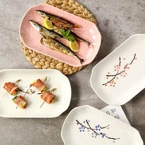 12-inch japanese hand-painted plum underglaze ceramic tableware household rectangular food plate fruit plate steamed fish plate