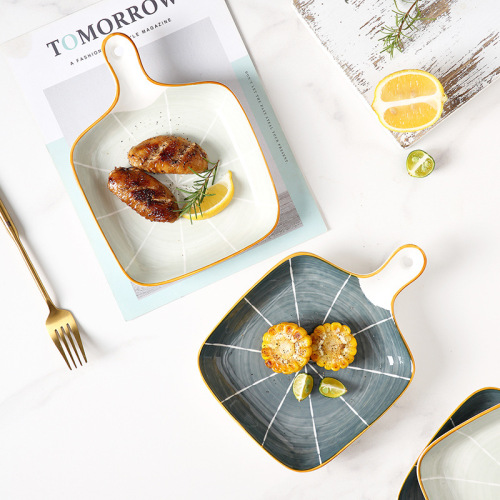 Love Ink 8-Inch Single Handle Baking Tray Simple Nordic Style Underglaze Porcelain Tableware Dessert Plate
