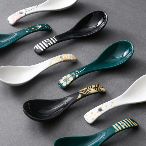 Creative Japanese Style Hand-Painted Embossed Ceramic Underglaze Tableware Restaurant Spoon Household Small Spoon Porridge Rice Spoon