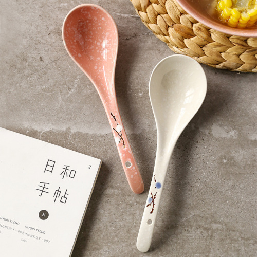 Japanese-Style Creative Plum Blossom Hand Painted Underglaze Ceramic Tableware Household Public Porridge and Noodles Soup Spoon Ladel Wholesale