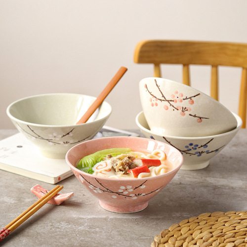 Japanese Hand Painted Underglaze Ceramic Tableware 7 Inch Bucket-Shaped Restaurant Salad Rice Porridge Bowl Ramen Bowl Noodle Soup Bowl 