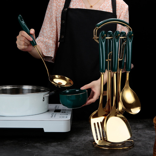 Nordic Creative Stainless Steel Kitchenware Emerald Ceramic Handle Soup Spoon Spatula Colander Kitchen Practical 7-Piece Set