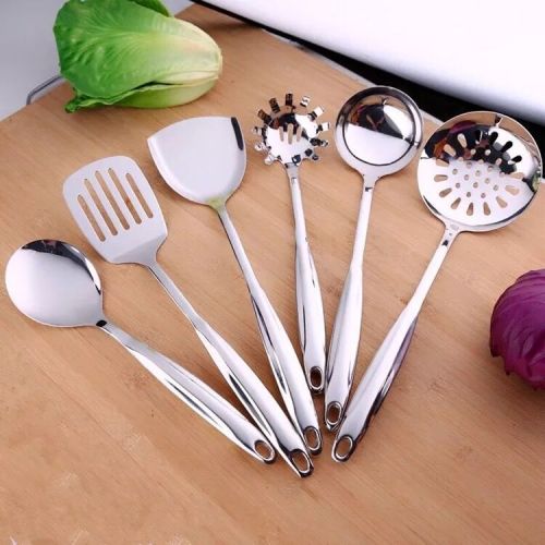 Wholesale Stainless Steel Kitchenware Six-Piece Double-Line Hollow Handle Spatula and Soup Spoon Factory Direct Sales