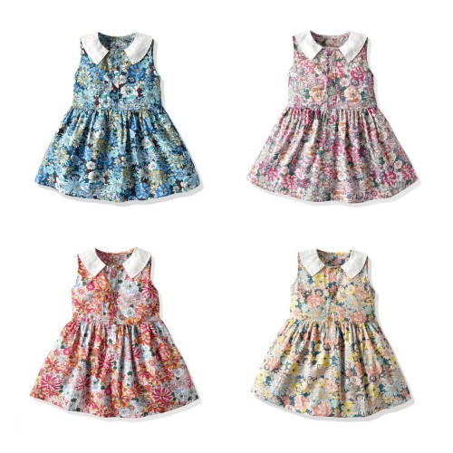 Foreign Trade Factory Girls‘ Dress 2021 Summer New korean Style Sleeveless Retro Lapels Floral Dress Dress