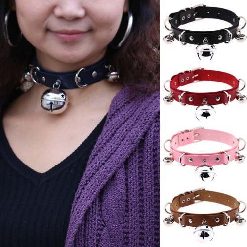 European and American Harajuku Exaggerated Sexy PU Leather Collar Foreign Trade Hot Personalized Bell necklace Neck Strap Clavicle Necklace