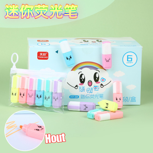 H138 Cute Student Supplies Fluorescent Pen 6-Color Bag Single-Head Tianhao Cartoon Fluorescent Pen Stationery Set