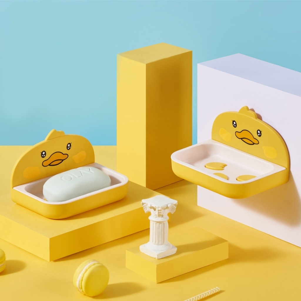 Little Yellow Duck double-layer draining soap cartoon creative household box, soap box, no need for drilling, wall-mounted bathroom rack pic 1