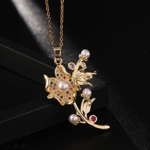 european and american fashion amazon new jewelry female titanium steel clavicle chain color zircon pearl flower rose necklace