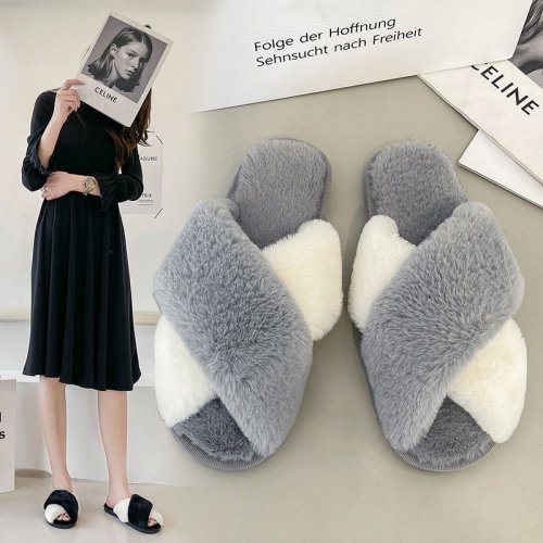 spring， autumn and winter plush slippers women‘s flat cross cotton slippers home warm fur slipper