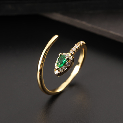 European and American Fashion Simple Wild Color Zircon Water Drop Snake Ring Copper Zircon Gold Plated Open Ring Female 