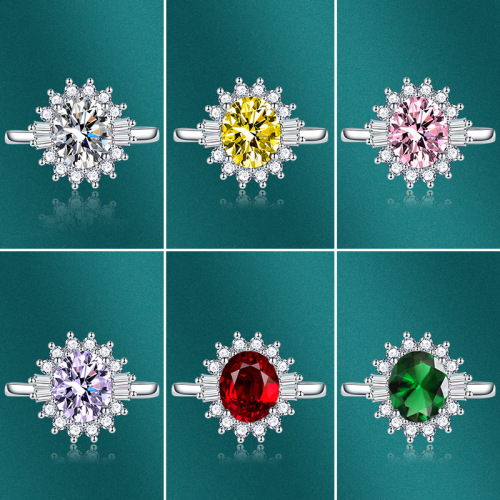 AliExpress Hot Sale Oval Ruby Ring Four Claw Ring Multicolor Colored Gems Open Mouth Green Crystal Open Diamond Ring