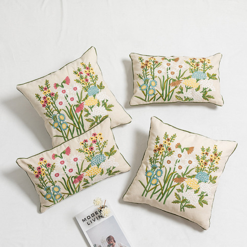 New Chinese Sunflower Chrysanthemum Linen Embroidered Pillow Nordic Hotel model Room Home Embroidery Cushion Cushion