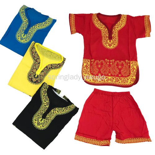 Spring Lady Children‘s Summer Clothing Men‘s Ethnic Style Cotton Printed Short-Sleeved Shorts Summer Boys‘ Suit