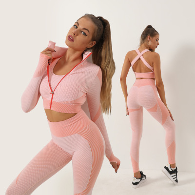European and American Exercise Yoga Clothes Suit Spring and Winter Running Professional Fitness Quick-Drying Seamless Figure Flattering Sportswear Three-Piece Suit