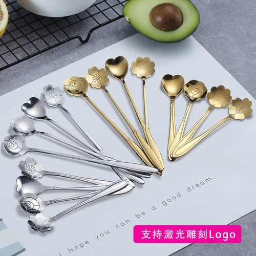 stainless steel cherry blossom spoon rose heart-shaped spoon long handle coffee stirring spoon golden bird‘s nest honey hand gift