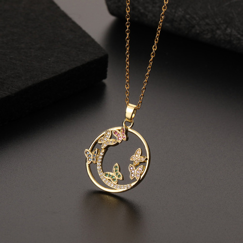 Creative Personality Design Flower Moon round Butterfly Necklace Pendant Color Zircon 18K Gold Plating Clavicle Chain Jewelry Female