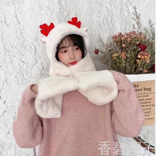 Small Rabbit Fur Red Antlers Small Elk Integrated Hat Hat Scarf Gloves Three-Piece Christmas Hat