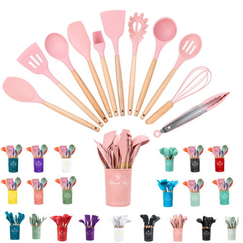 wooden handle silicone 12-piece cooking spatula spoon non-stick high temperature resistant kitchen utensils new products multiple colors