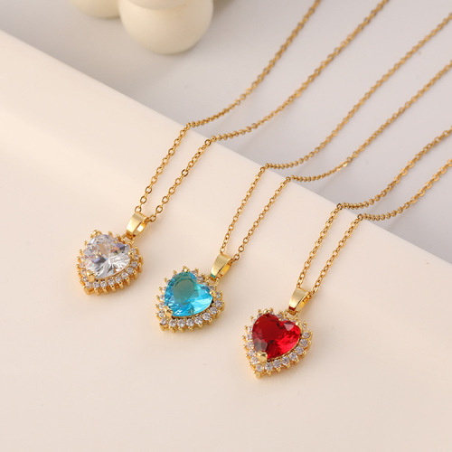 european and american fashion cross-border color micro inlaid zircon female jewelry gold-plated titanium steel clavicle chain heart necklace pendant