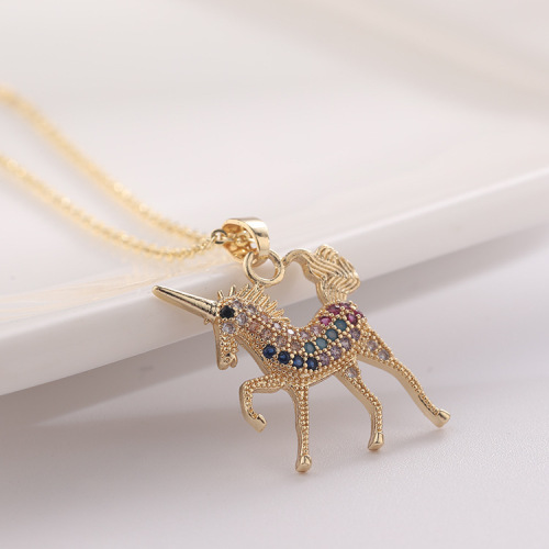 european and american popular gold-plated fashion new personalized jewelry female micro-inlaid color zircon animal pendant unicorn necklace