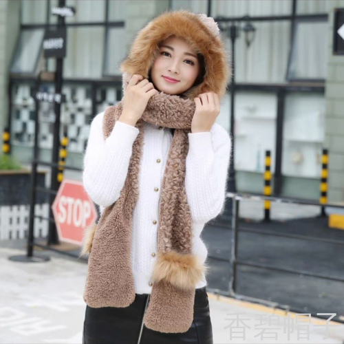 Cotton Cashmere Fur Collar Integrated Hat Scarf Gloves Three-Piece Set 