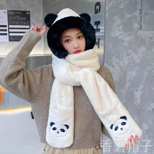 Small Rabbit Fur Collar Embroidered Panda One-Piece Hat Scarf Gloves Three-Piece Set