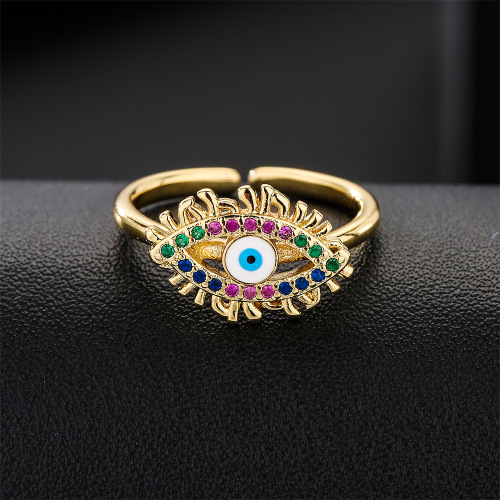 Cross-Border Supply European and American Hot Selling Lucky Eye Shape Geometric Opening Ring Copper Inlaid Color Zirconium Jewelry