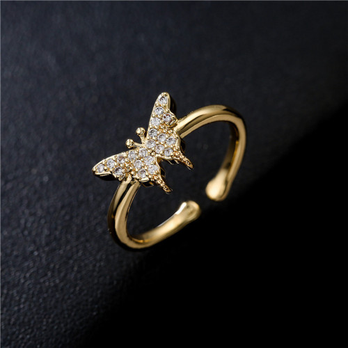 021 Cross-Border New Simple Cute Small Butterfly Open Ring Copper Micro-Inlaid Female Jewelry Birthday Gift 