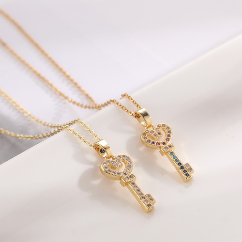 European and American Fashion Micro Inlay Color Zircon Women‘s Ornament Electroplated Real Gold Heart-Shaped Key Pendant Necklace
