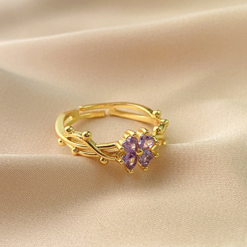 French Sweet Girl Style Real Gold Electroplated Violet Garland Ring Female Niche Micro Inlaid Purple Diamond Opening Adjustable Ring