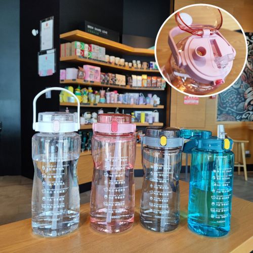 southeast asia plastic kettle large capacity water bottle convenient handle double drinking straw sports bottle sports cup wholesale