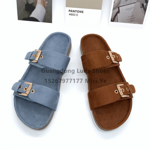 Summer Women‘s Platform Slippers Double Buckle Flannel Foreign Trade Wear Handcraft Shoes Guangzhou Women‘s Shoes Casual All-Matching Slippers Women‘s