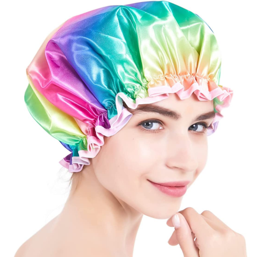 Home Daily Rainbow Women‘s Shower Cap Makeup Cap Double Layer Waterproof Toupee Eva Lining Shower Cap Coking Caps