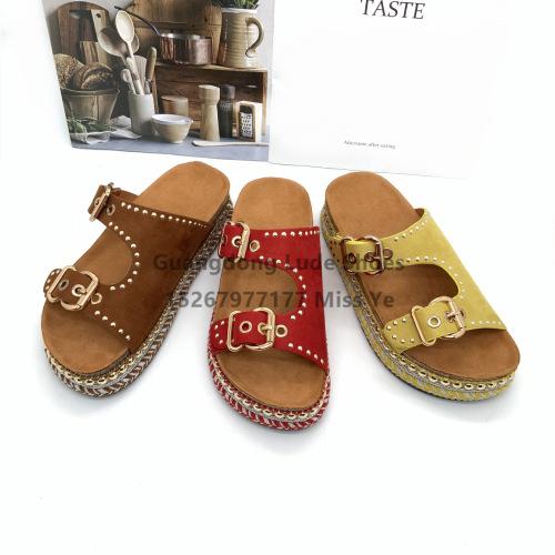 new platform slippers rivet double buckle foreign trade handcraft shoes guangzhou women‘s shoes casual slippers women