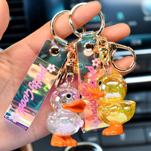 New Acrylic Magic Crystal Duck Keychain Small Yellow Duck Printed Leather Rope Doll Pendant Bag Pendant