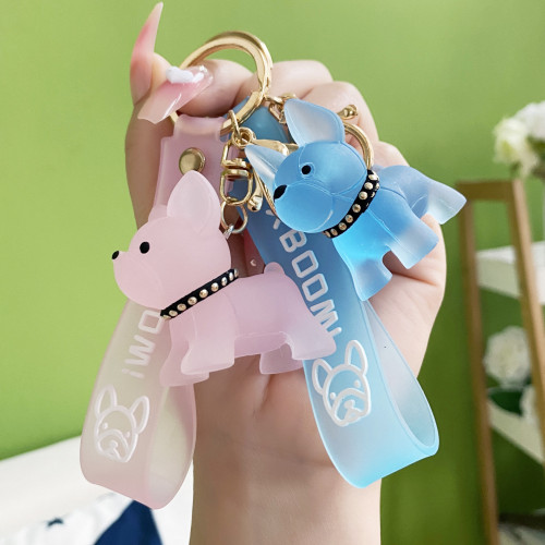 Creative Crystal French Bucket Keychain Transparent Puppy Car Key Chain Cute Cartoon Couple Backpack pendant Wholesale